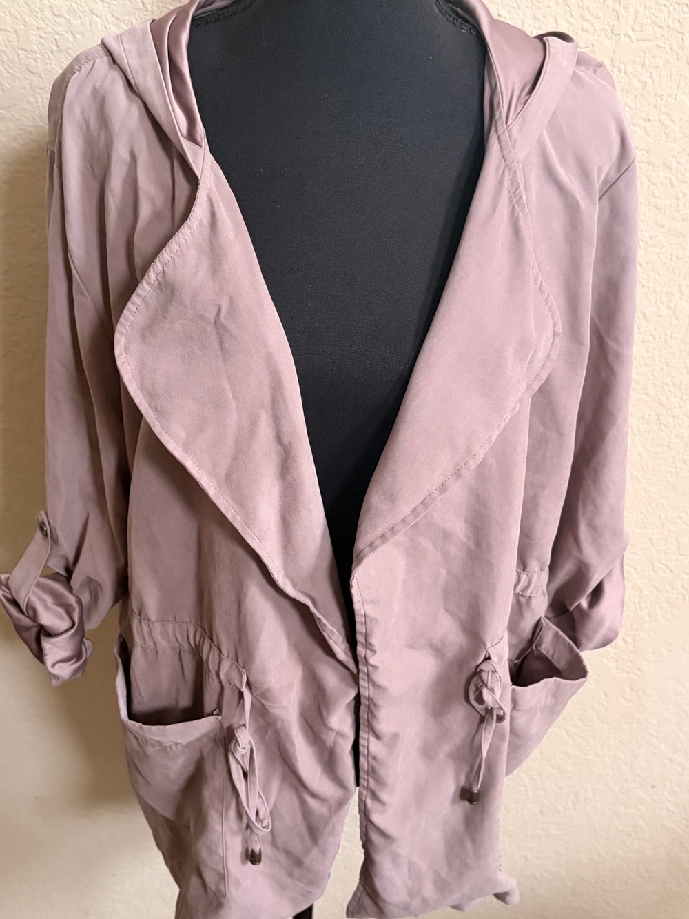 Chocolate Open-Front Hooded Utility Jacket in Dusty Mauve
